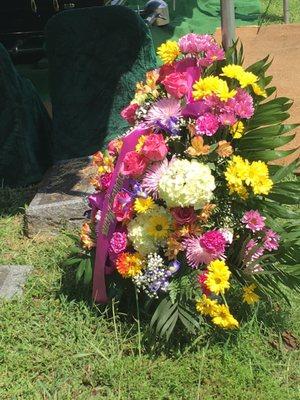 Colorful funeral arrangement.