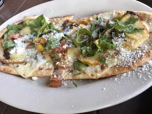 Smoked Gouda flatbread with bacon and rainbow chard - delicious!