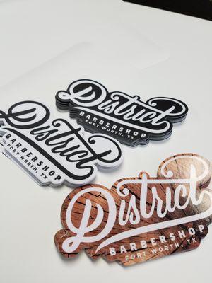 Custom shape vinyl stickers for the District Barber Shop in For Worth!