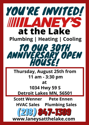 Join us for our 30th Anniversary Open House on Thursday, August 25th from 11 am - 3:30 pm for free food and good times!