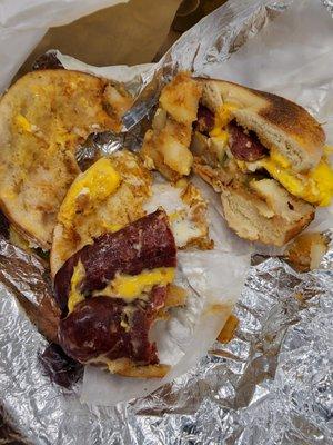 This should've been plain buttered bagel, one fried egg, one beef sausage, one slice cheddar cheese for $10.