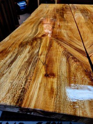 Beautiful sycamore live edge slab coffee tables of matched "wings".