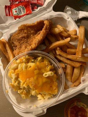 Catfish with Chips Mac and Cheese