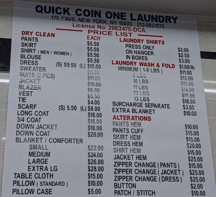 Dry cleaning prices