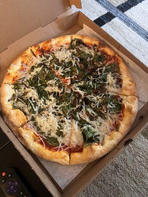 Vegan pizza with mushrooms and spinach