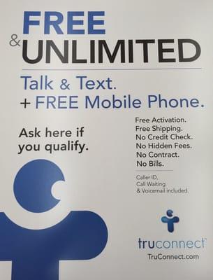 We are now offering FREE Cellphone Service and Free phones thru TruConnect!! Ask us how?!?!