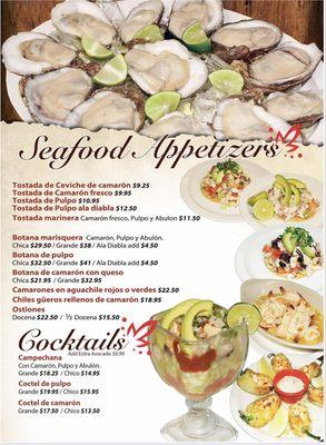 Seafood appetizers and cocktails (Official Menu)