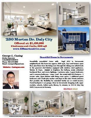 Open House:
 230 Morton Dr. Daly City
 Sat. 4/23/2022 1-4pm
 Sun. 4/24/2022 1-4pm