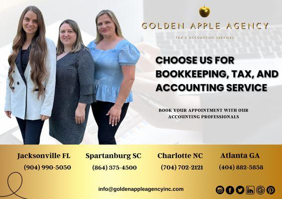 Choose Us for Bookkeeping, Tax, and Accounting Service

Book Your Appointment with Our Accounting Professionals

#goldenappleagencyinc