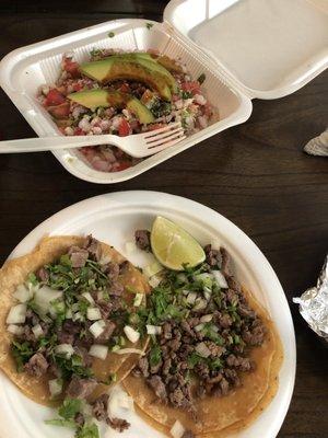 Ceviche tostadas. Lengua and asada taco.