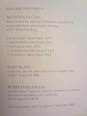 skincare treatments and pricing