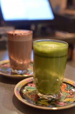 Matcha and acai lattes