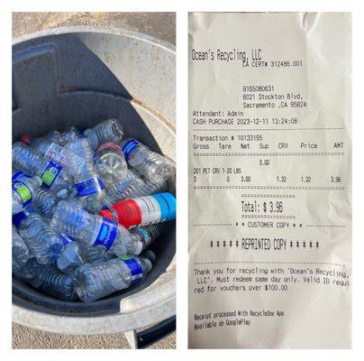 85 plastics bottles.. 3lbs @ $1.32 per lbs and only got $3.96