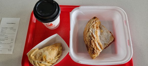 COFFEE ,  CHICKEN EMPANADA, & PANOLETA GUAVA AND CHEESE.