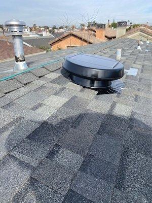 solar powered attic fan on composition shingles