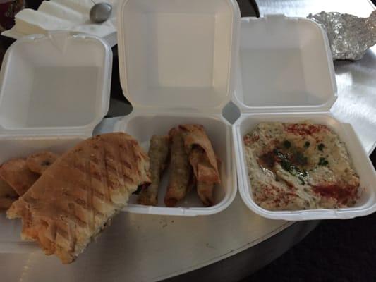 Very delicious chicken sandwich, babaganoush, meat and cheese boreks.