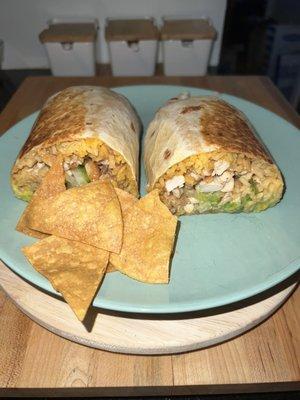 Chicken burrito (toasted it in a pan myself and it makes it 10x better)