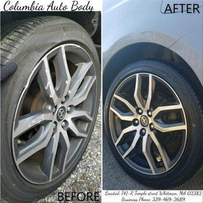 Before and after photo of the rims on this 2013 Scion TC.