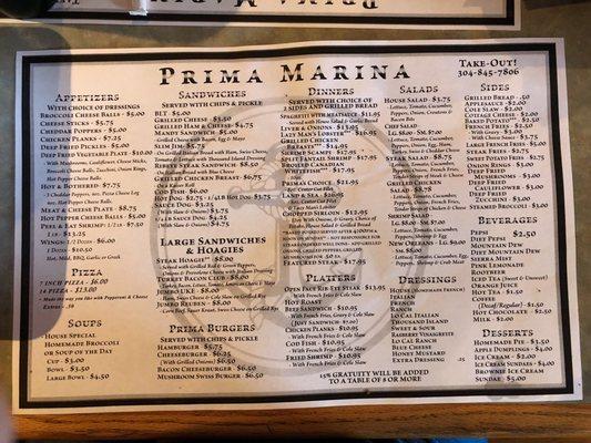 Menu at the Prima Marina.