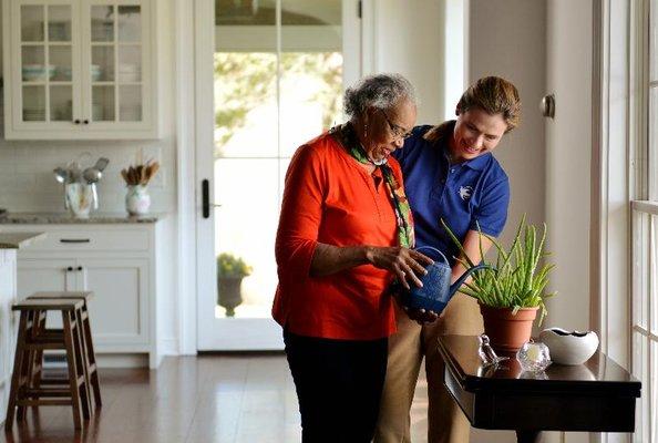 Caregivers help to maintain client's independence with assistance.