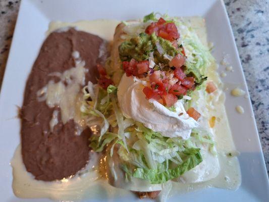 Chicken chimichanga (soft baked) with refried beans