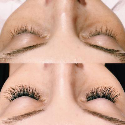 Before/after of a faux mink classic full set mixed with volume lash extensions to add extra fullness!