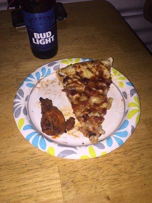 Bbq chicken pizza and buffalo wings.