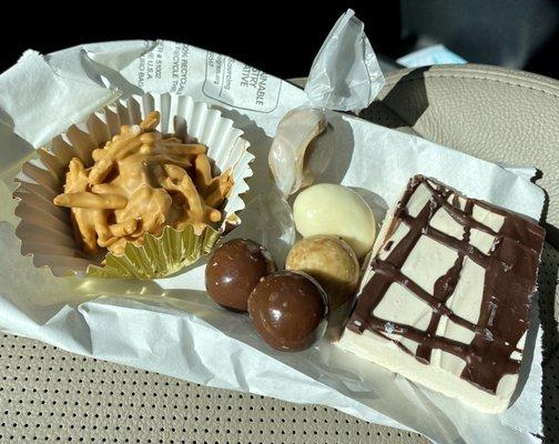 Housemade sweets: Haystack (dried chow mein noodles with butterscotch), toffee taffy, various malted balls and slab of tiger butter.