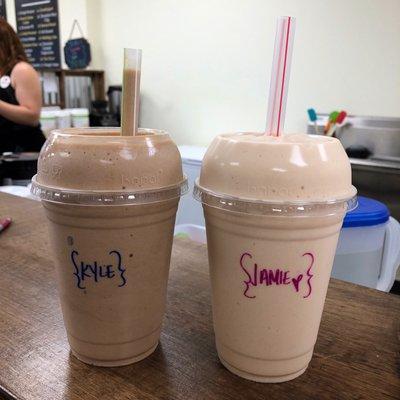 Coffee flavored smoothie and Fruity Pebbles flavored smoothie