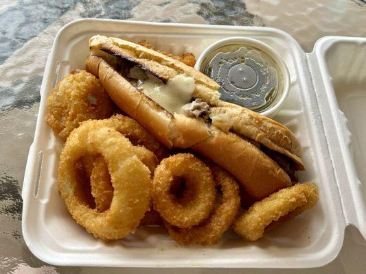 Prime rib French dip + onion rings