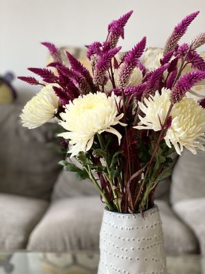 The football mums are from Confucius today. They were $3 a stem and I got six stems. The celosia are from somewhere else!