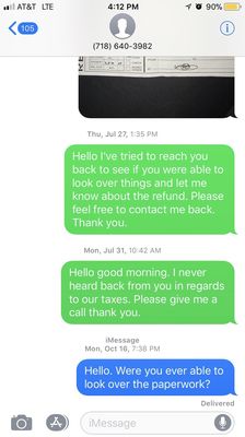 After our phone conversations I sent several text messages and he proceeded to ignore me. He also never refunded me my money!!