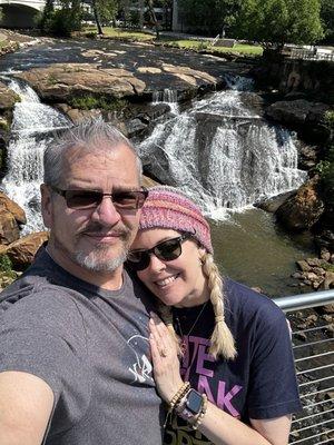 Me and my sweetie on the bridge overlooking the Reedy River Falls