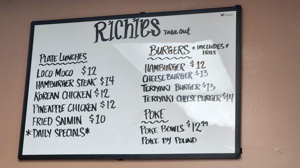 Daily menu at Richie's Take Out. Specials change daily.