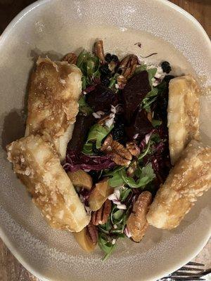 Blueberry beet salad! So delicious! Lots of nuts and cheese on the bottom of the bowl.