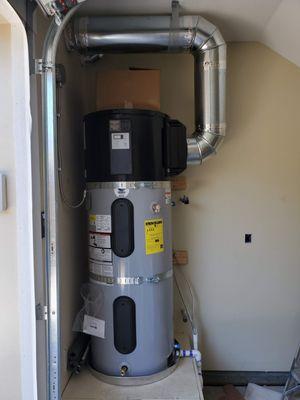 Heatpump water heater. Very efficient and now greenhouse gases.