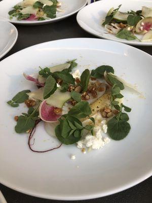 Apple, watermelon radish and goat cheese salad with a lite raspberry vinaigrette