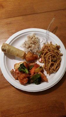 Chinese takeaway: Shrimp with Mixed Vegetables, Chicken Lo Mein, Vegetable Spring Roll, General Tso's Chicken & White Rice (w/soy sauce)