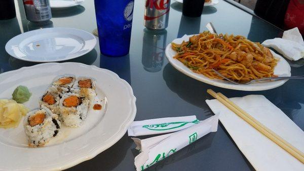 Spicy salmon roll and house special spicy lo mein.