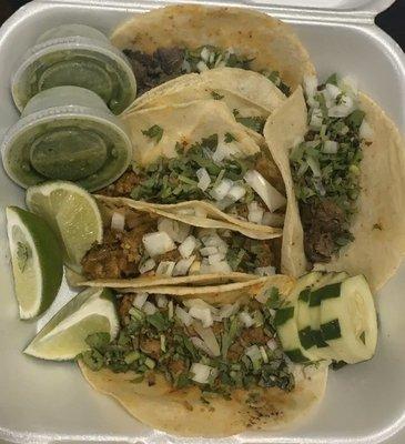 Carne asada, Chorizo, and Pastor tacos