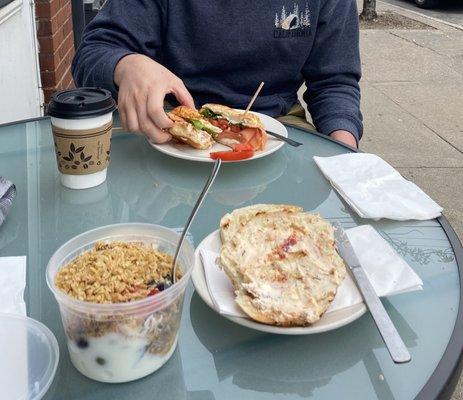 Parfait, Asiago bagel with sun dried tomato cream cheese, LOX bagel above