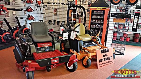 Scag and Toro Zero Turns on display in the Parts and Service building