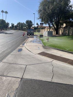 Truck parked on the sidewalk.