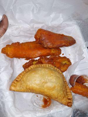 Shrimp patty, and Maduro plantain ripe (fried sweet plantains)