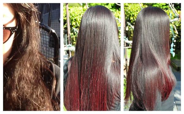 Formaldehyde-free hair straightening/smoothing treatment for healthier hair and organic color /dark chocolate & red violet ombrè