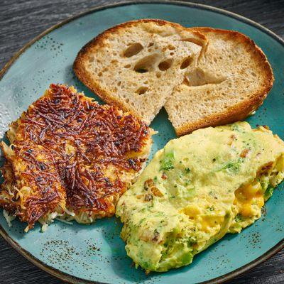 Broccoli Cheddar Omelette w/ side of hash Browns and sour dough.