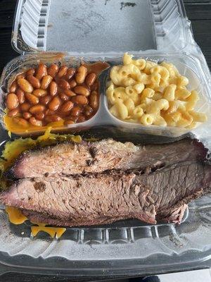 Brisket, bbq beans, Mac and cheese.