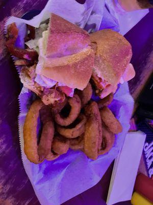 Wally Burger with onion rings