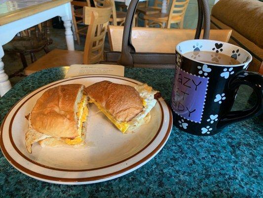 Quaint atmosphere!  Fall-in-a-cup Latte with Almond Milk  Breakfast Sandwich with Bacon