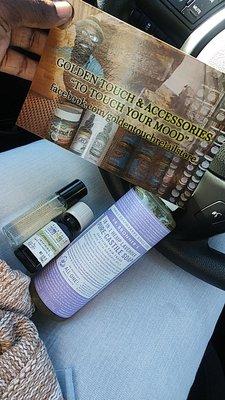 My first purchases! Amber white body oil, lemongrass essential oil & Dr. Bronner's lavender bodywash. All this for under $25!!